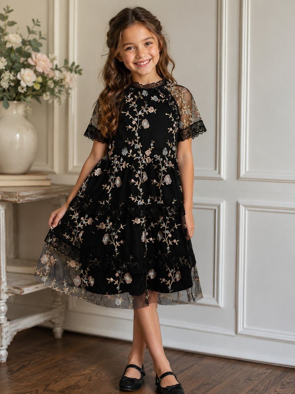 Blush by Us Angels Black Embroidered Floral Lace Dress Girls Size 12